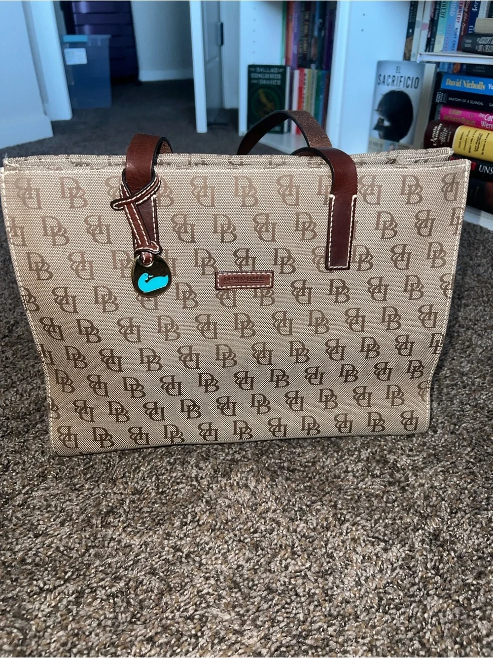 Vintage Dooney & Bourke Beige Signature Canvas Tote with Brown Trim